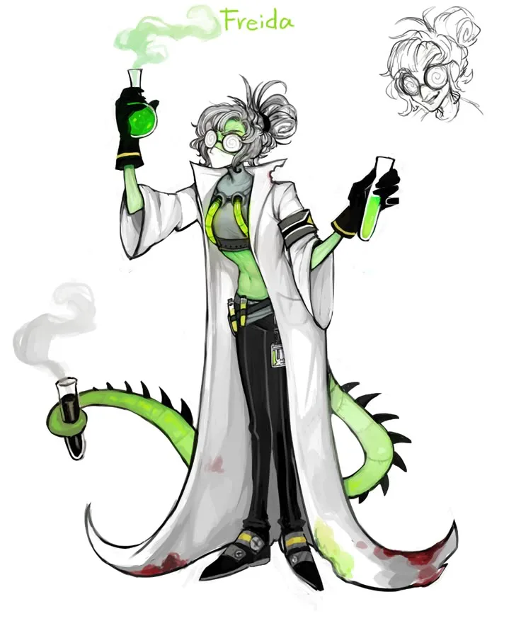 A cartoon-style character named Freida, wearing a white lab coat and goggles, holds two test tubes with green liquid. She…