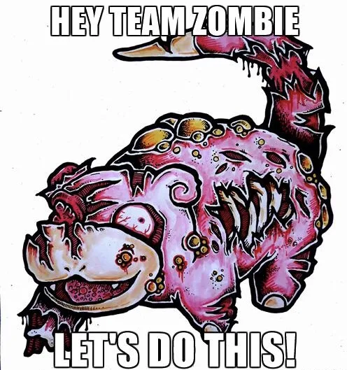 A cartoonish, pink, decaying zombie-like creature with a long tail and exposed teeth is shown in a dynamic pose. The text…