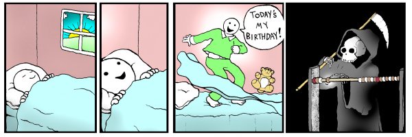 A four-panel comic strip shows a person waking up, excitedly jumping out of bed, and then a grim reaper holding a scythe…