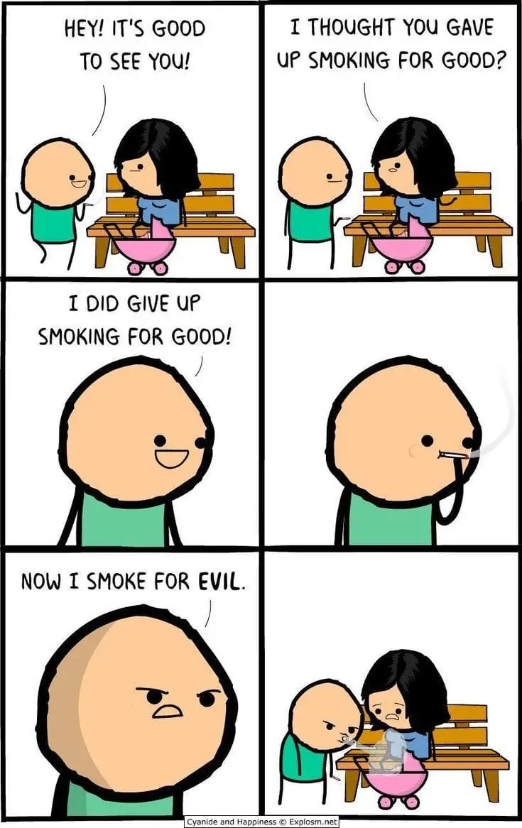 A six-panel comic strip shows a man greeting a woman with a baby in a stroller. He asks if she gave up smoking, she says…