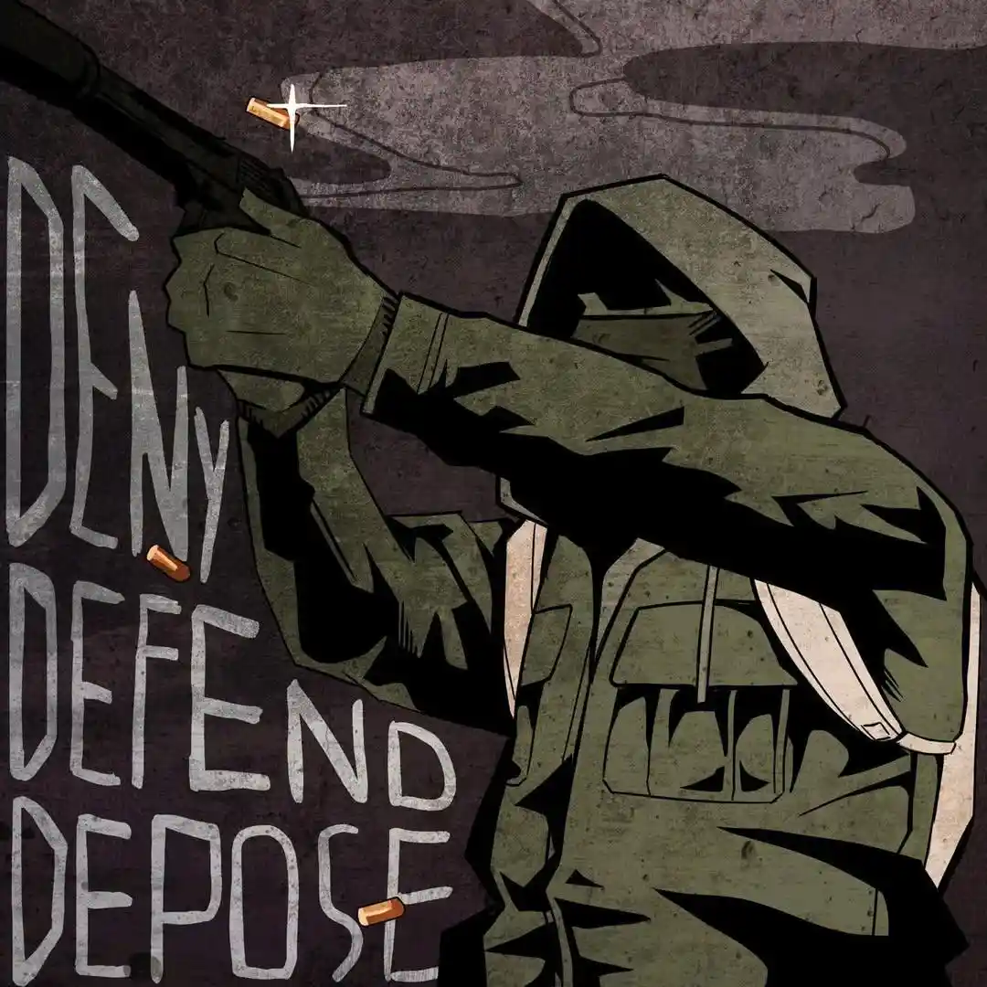 A stylized illustration shows a hooded figure in a green military-style uniform aiming a rifle, with smoke and spent bullet…