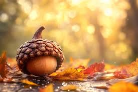 A close-up photo of a single acorn resting on wet autumn leaves, surrounded by golden-brown foliage under warm, blurred…