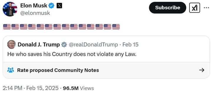 A screenshot of a Twitter/X post by Elon Musk, who has posted a row of American flag emojis. Below it is a reply from Donald…