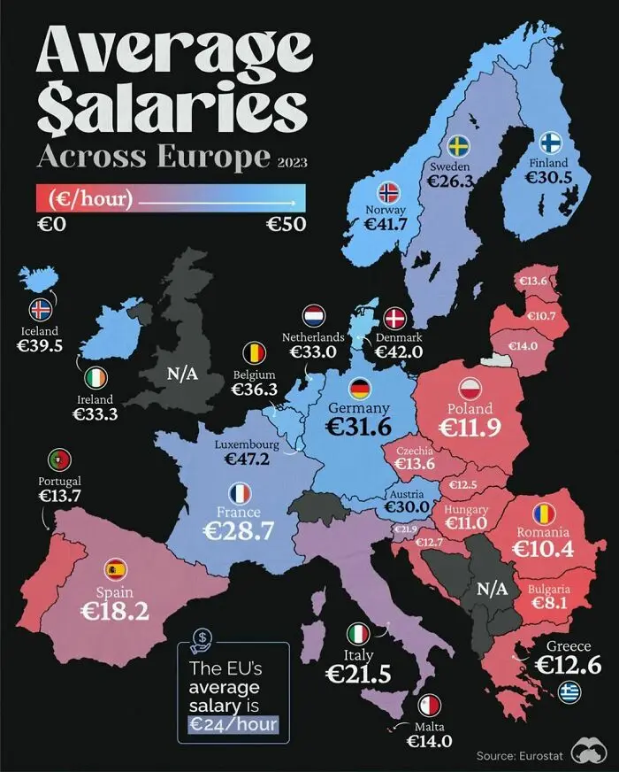 A map of Europe showing average hourly salaries in 2023, with countries color-coded by income level and labeled with their…