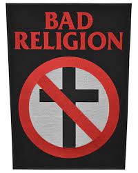 A black background features the words 'BAD RELIGION' in bold red letters at the top. Below, a red circle with a diagonal…
