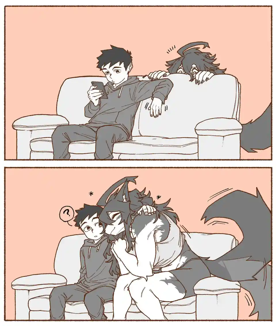 Two panels show an anime-style human male sitting on a couch, looking at his phone, while a furry anthropomorphic character…