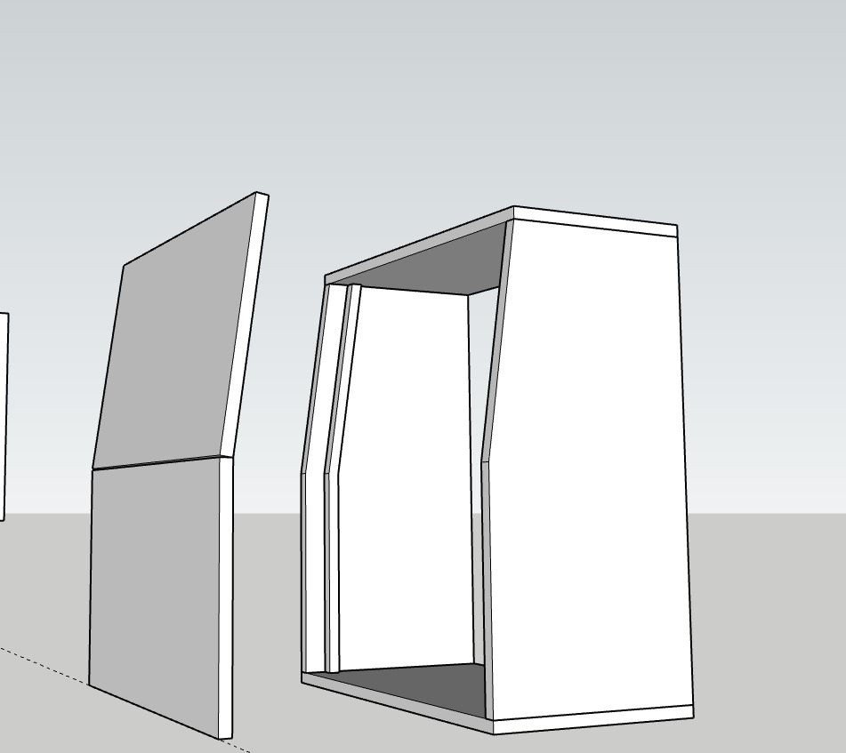 A minimalist line drawing shows two cabinet-like structures: one fully assembled with a visible interior, the other a single…
