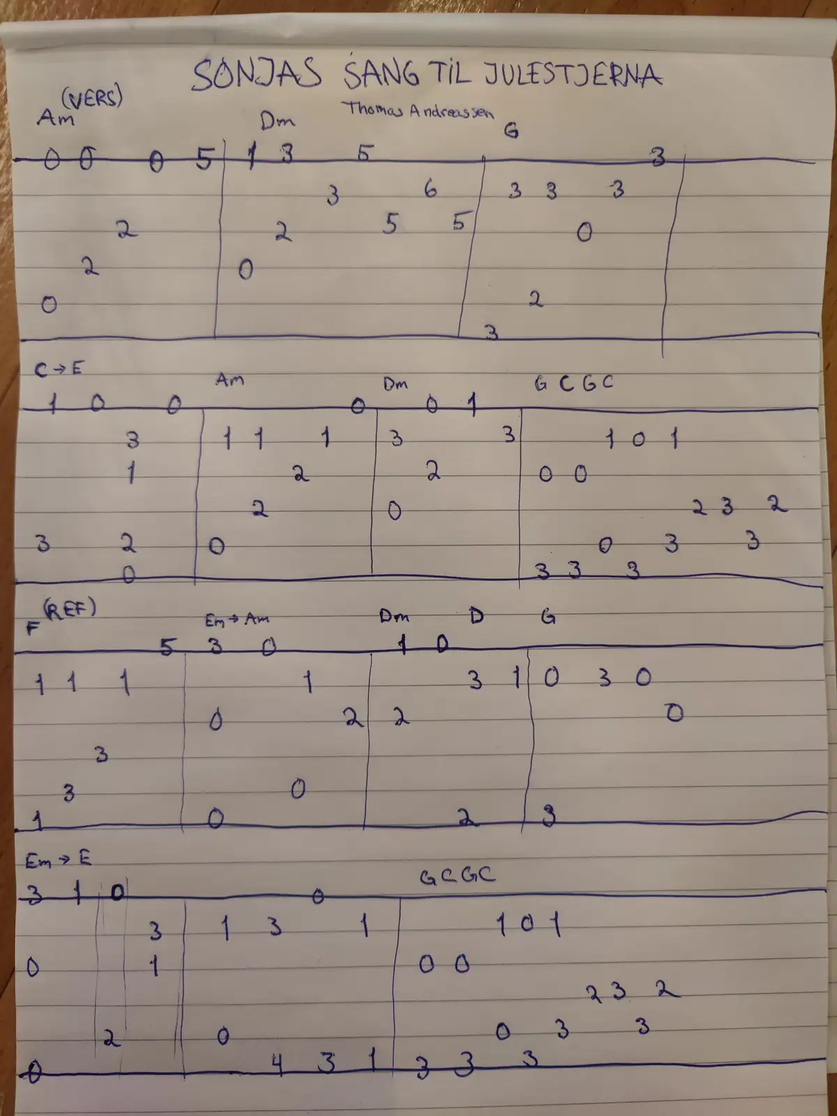 A handwritten guitar chord chart on lined paper, titled 'SONJAS SANG TIL JULESTJERNA' by Thomas Andreassen, showing chord…