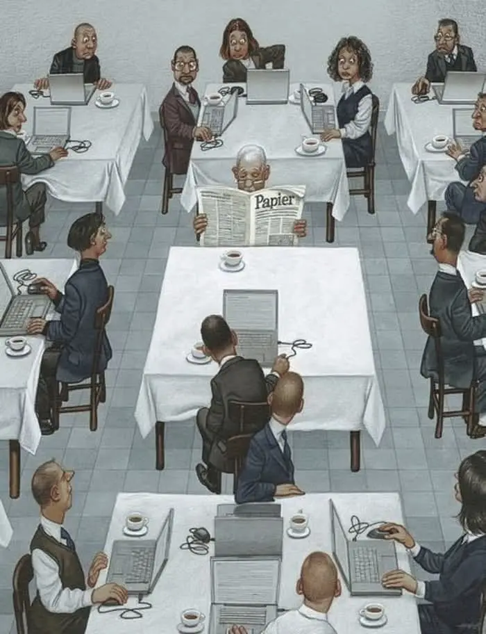 An illustration shows a room full of people in business attire seated at tables, each using laptops. At the center, an older…