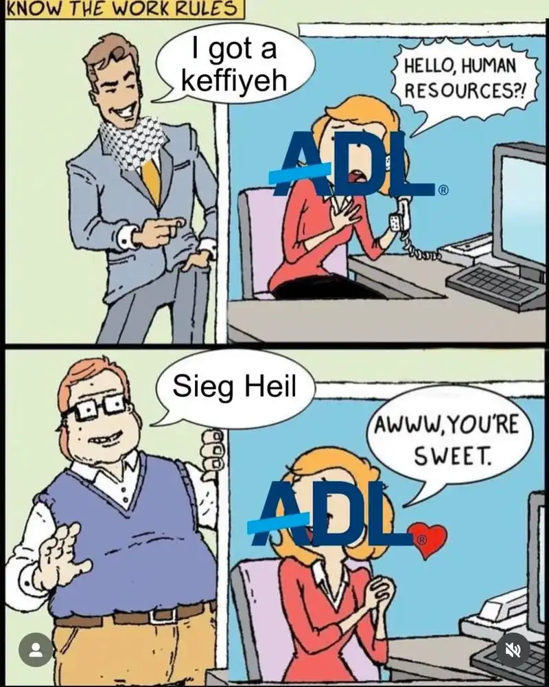 A two-panel comic strip shows a man in a suit wearing a keffiyeh and saying 'I got a keffiyeh' while a woman at a desk with…