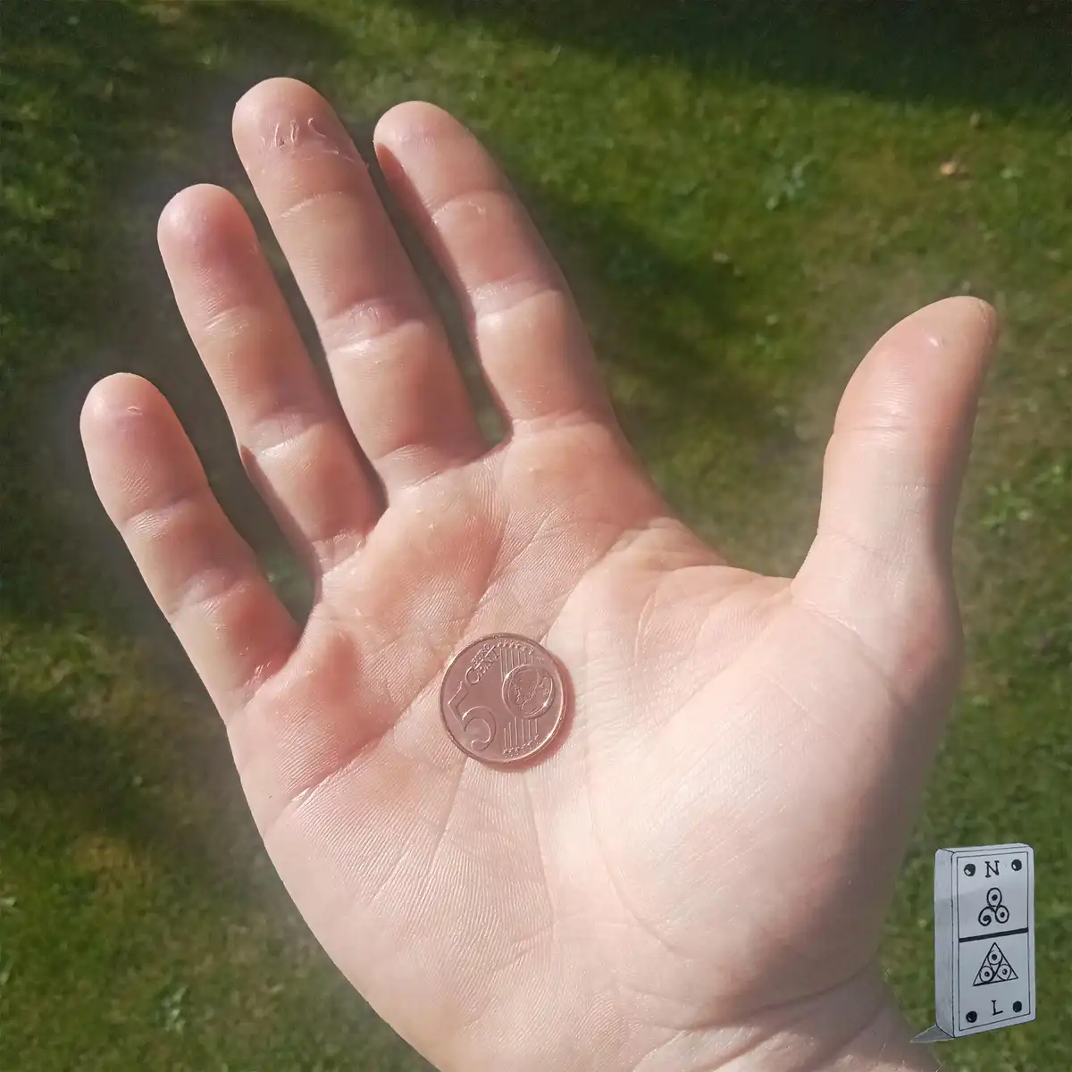 A close-up of an open palm holding a 5-cent euro coin, with a small, stylized domino piece graphic in the bottom right…