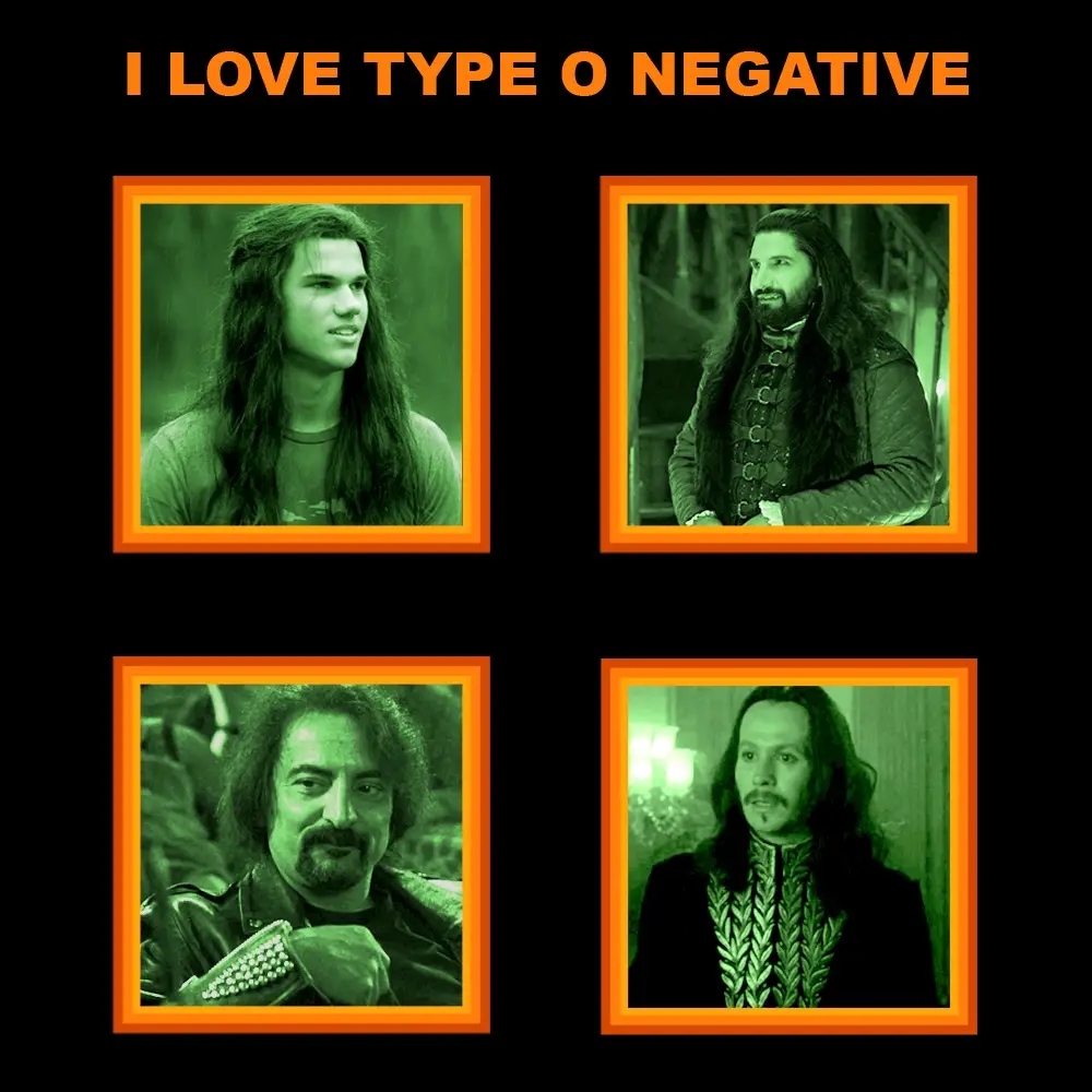 The image displays four framed, green-tinted portraits of men with long hair, arranged in a 2x2 grid against a black…