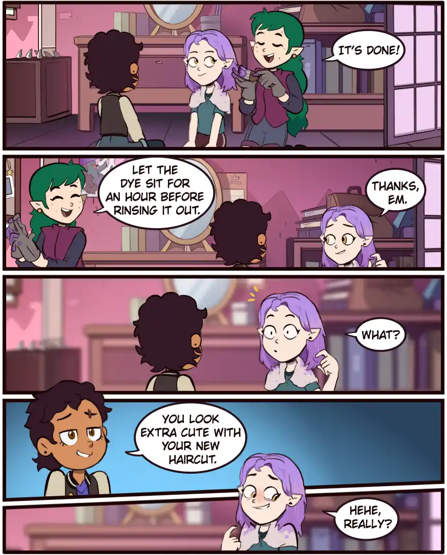 A four-panel comic strip shows a character with purple hair getting their hair dyed by a friend named Em. Em excitedly…