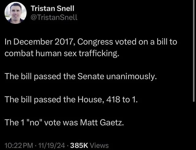 A screenshot of a tweet by Tristan Snell detailing a 2017 U.S. congressional vote on a bill to combat human sex trafficking…