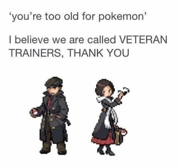 Two pixel-art characters from the Pokémon games, a male and a female, stand side by side. The male wears a long dark coat…