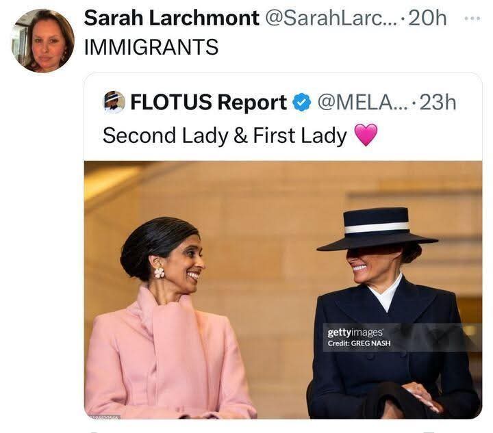 A screenshot of a tweet thread shows Sarah Larchmont labeling the photo as 'IMMIGRANTS' above a tweet from 'FLOTUS Report'…