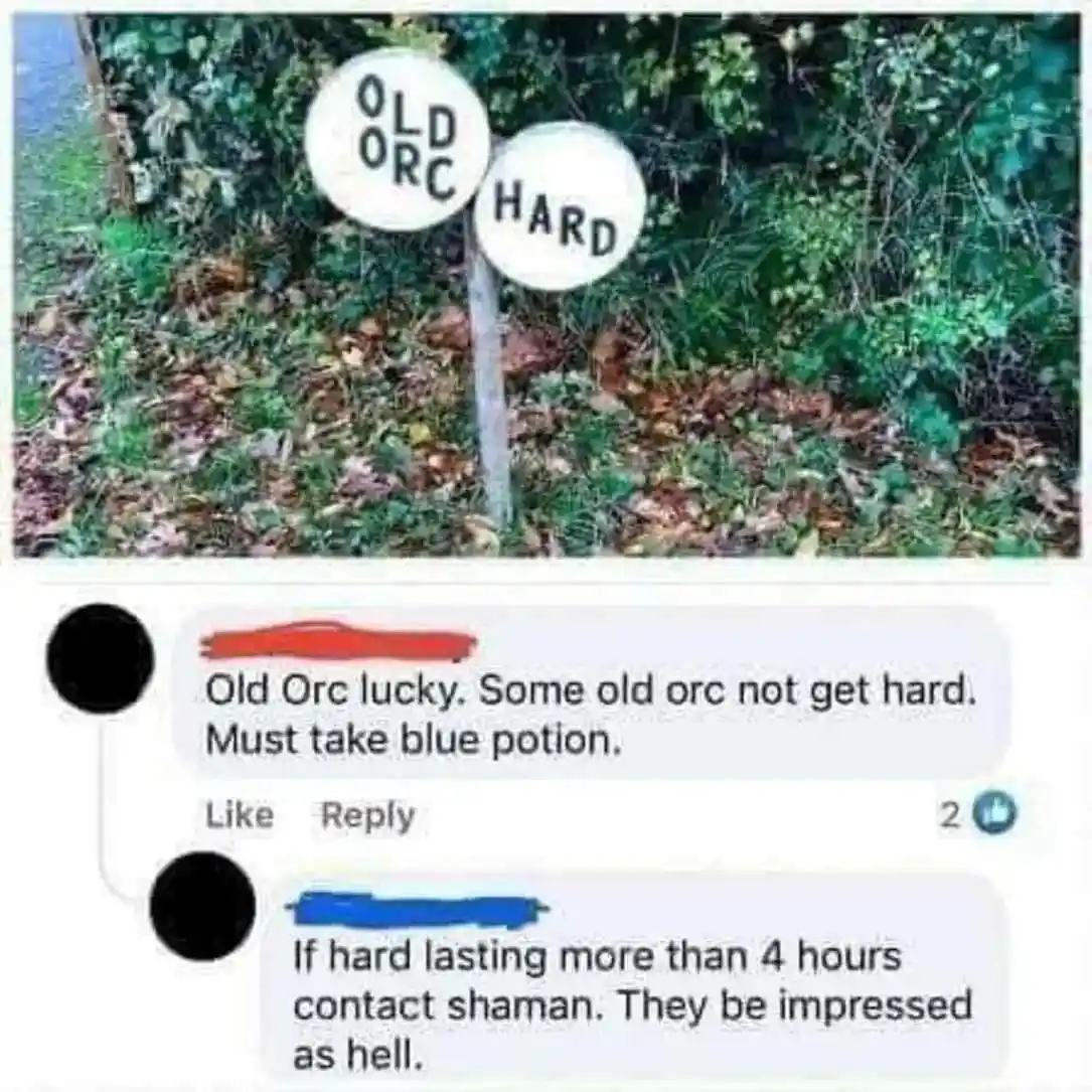 Two circular signs in a wooded area read 'OLD ORC' and 'HARD'. Below is a screenshot of a Facebook comment thread where…