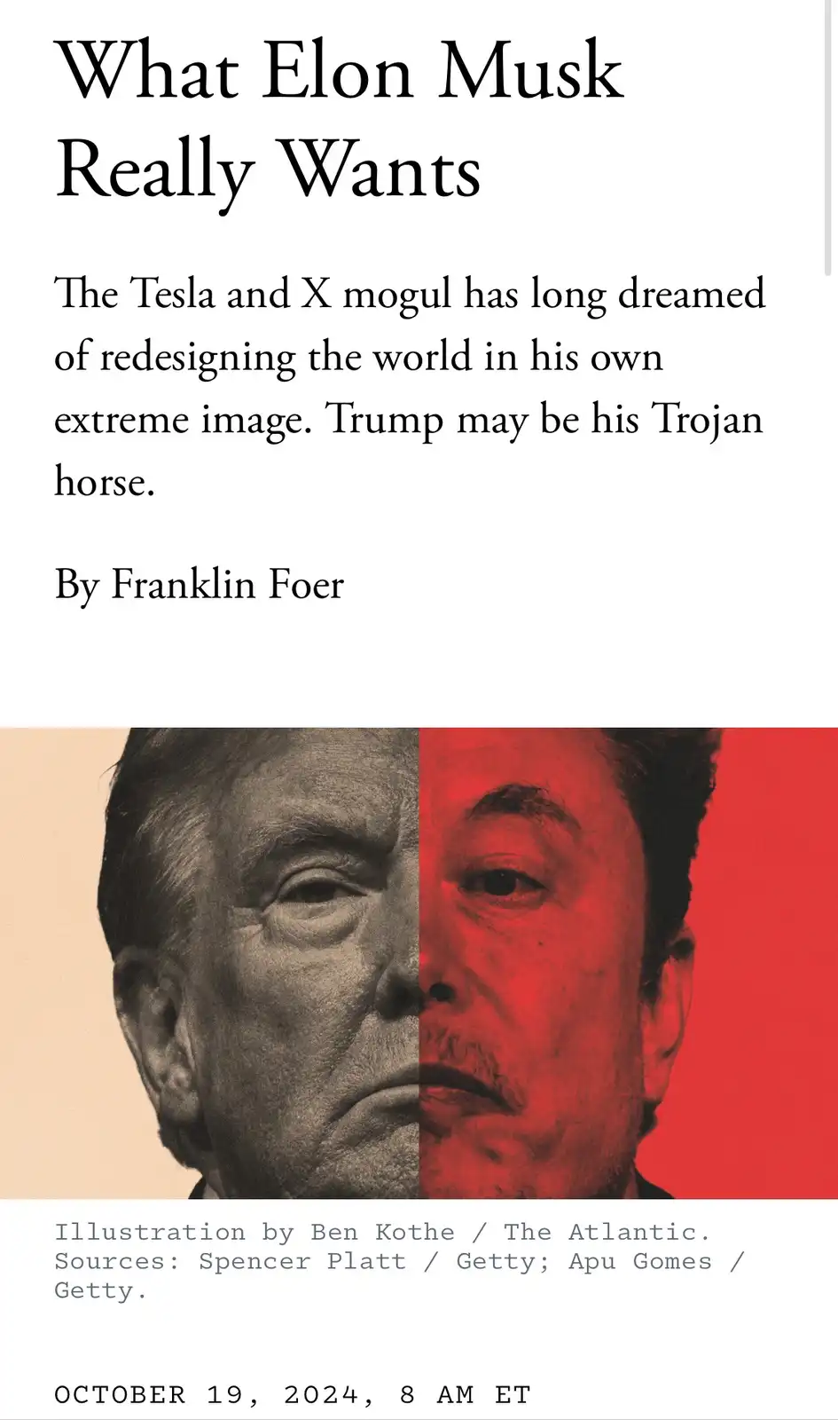 The image displays a split-face illustration of Donald Trump (left, in sepia tone) and Elon Musk (right, in red tone)…