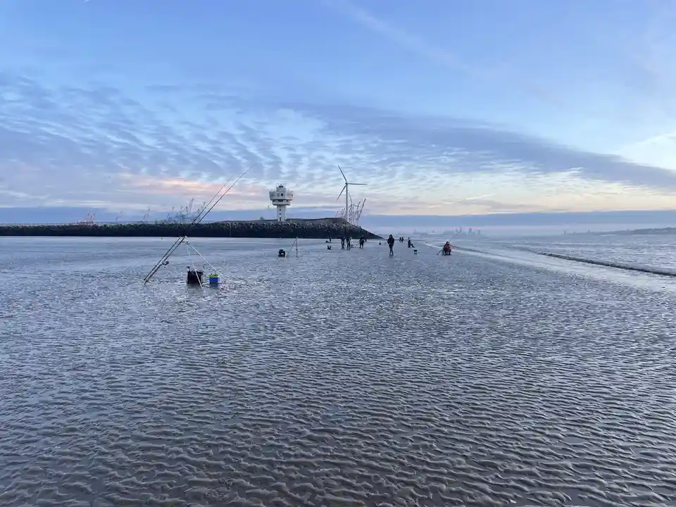 A wide shot of a tidal flat at low tide with several people fishing in shallow water, some standing and some sitting, with…