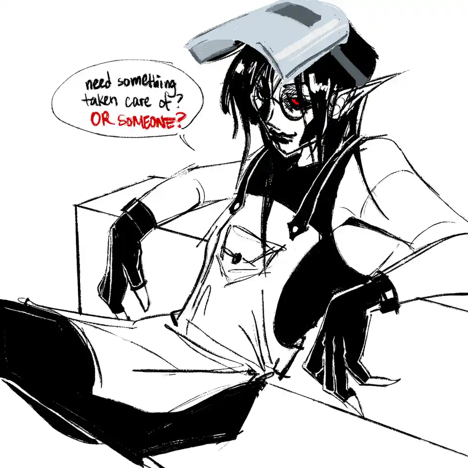 A sketch-style anime character with black hair, red eyes, and a hammer on their head sits on a box, wearing a white shirt…