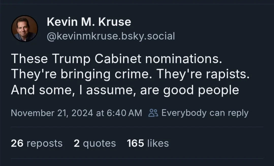 A screenshot of a social media post by Kevin M. Kruse showing a dark-themed interface with his profile picture, username…