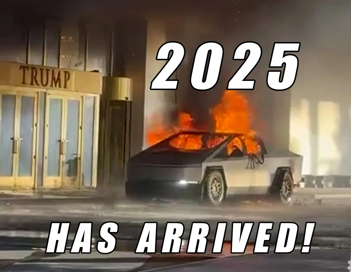 A Tesla Cybertruck is engulfed in flames in front of a building with a 'TRUMP' sign above its entrance. Large white text…