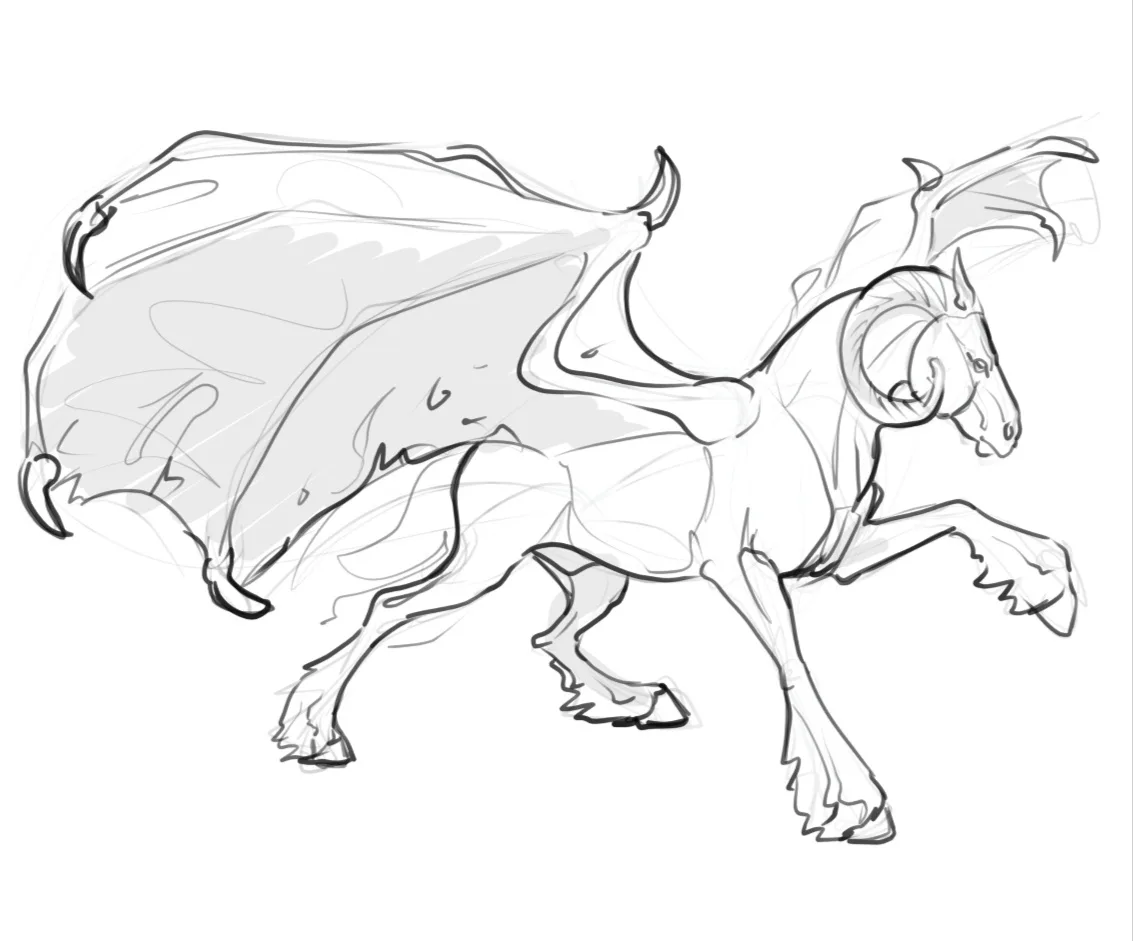 a black-and-white sketch depicts a fantastical creature resembling a horse with large, curved ram horns and bat-like wings…