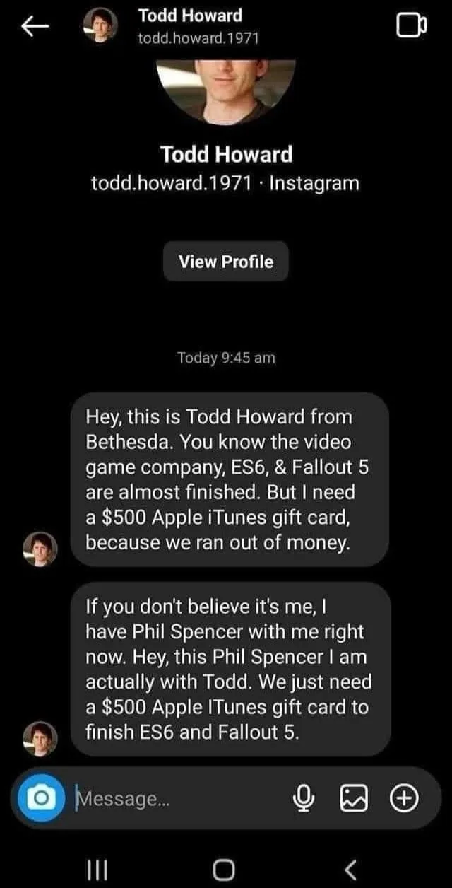 A screenshot of an Instagram direct message conversation with a profile named 'Todd Howard'. The message claims he is from…