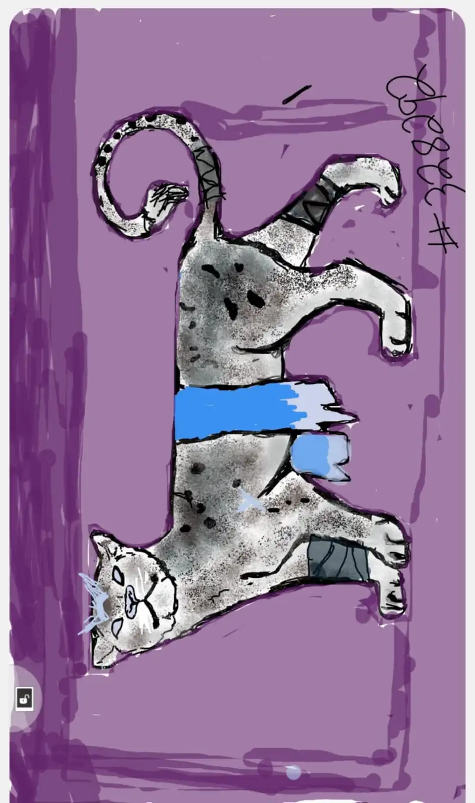 A stylized, spotted cat is drawn in a dynamic, stretched-out pose against a purple background, with a blue bandana wrapped…