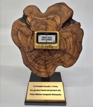 A wooden tree-root-shaped trophy with a small digital screen embedded in its center displaying the text 'PRESS WITH BOTH…