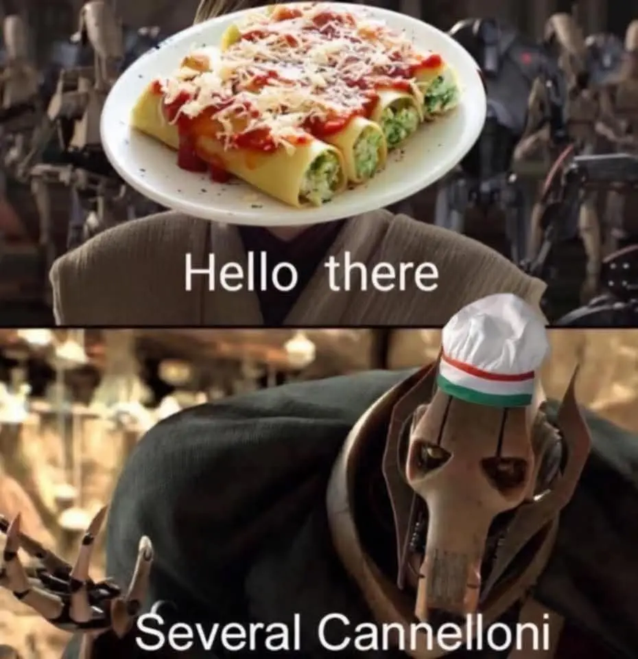 The top panel shows a person in a brown robe with a plate of cannelloni covered in tomato sauce and cheese floating above…