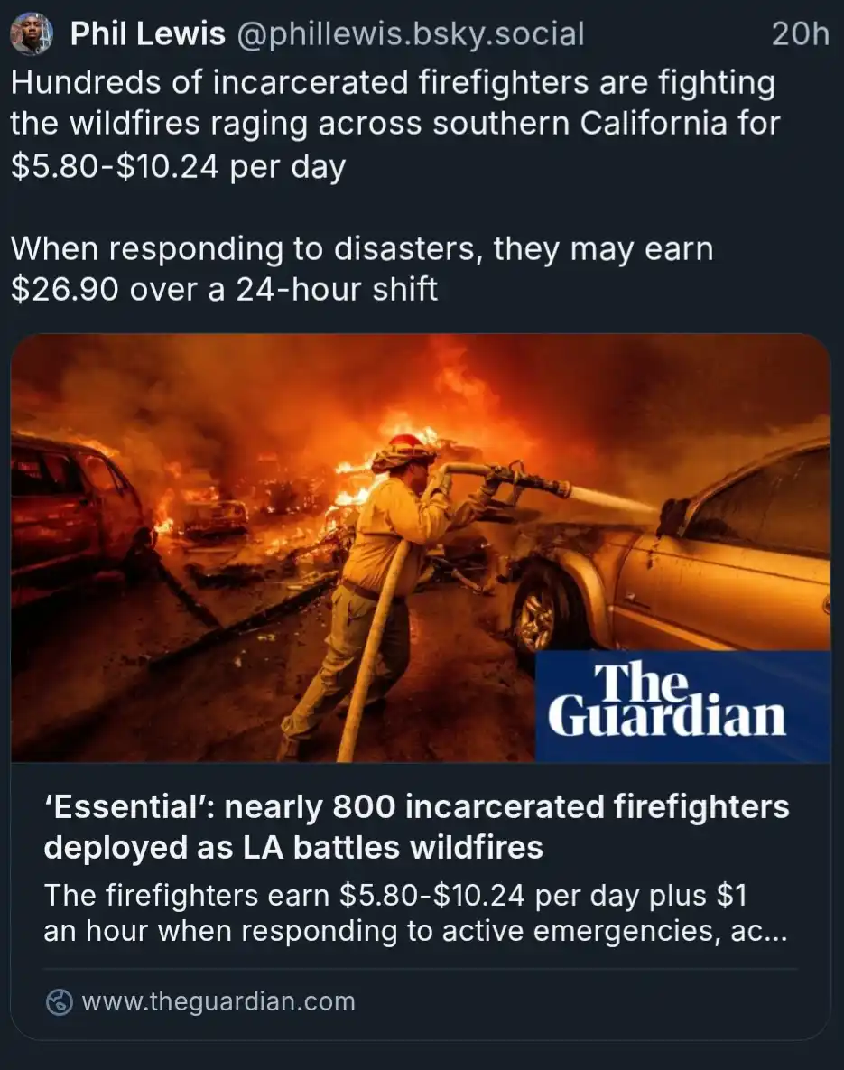 A screenshot of a social media post by Phil Lewis showing a photo of a firefighter battling a wildfire with a hose…