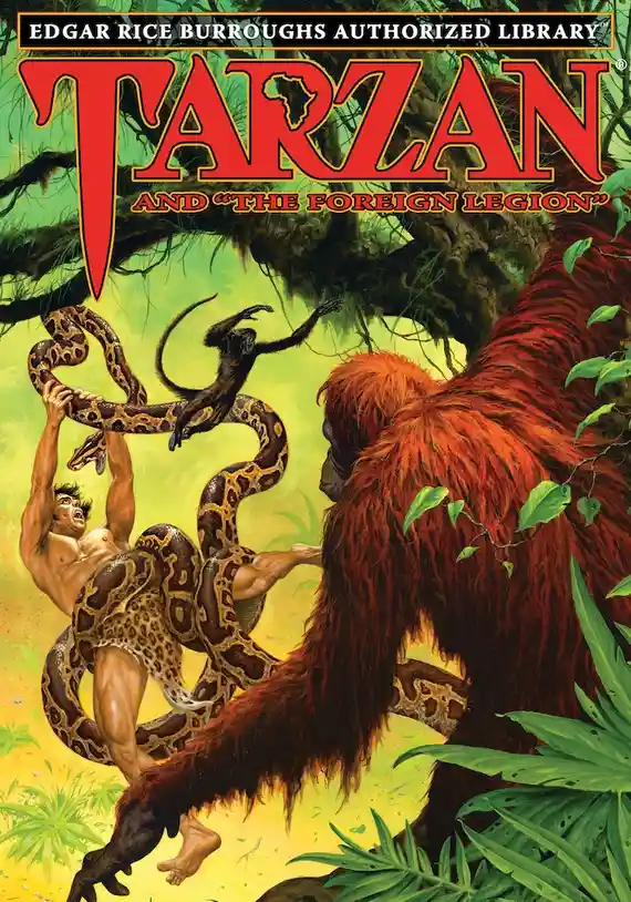 A comic book cover from the Edgar Rice Burroughs Authorized Library, featuring Tarzan being attacked by a large snake while…