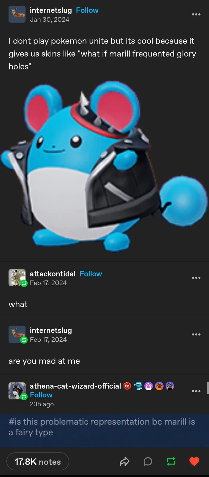 A blue and white cartoon Pokémon named Marill is shown wearing a black leather jacket with silver zippers and a spiked…