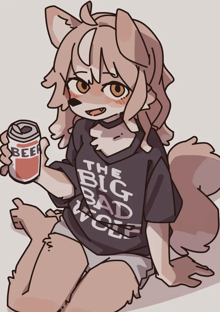 An anime-style anthropomorphic wolf girl with light brown fur and ears, wearing a dark t-shirt that reads 'THE BIG BAD WOLF'…
