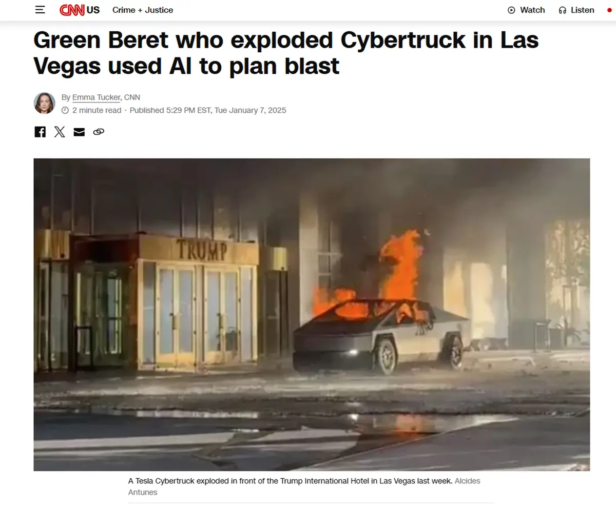 A screenshot of a CNN news article shows a burning Tesla Cybertruck in front of a building with 'TRUMP' signage. The…