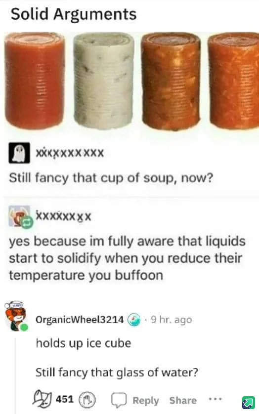 An image mimicking a Reddit thread where the top post shows four cans of soup, and the reply thread humorously argues about…
