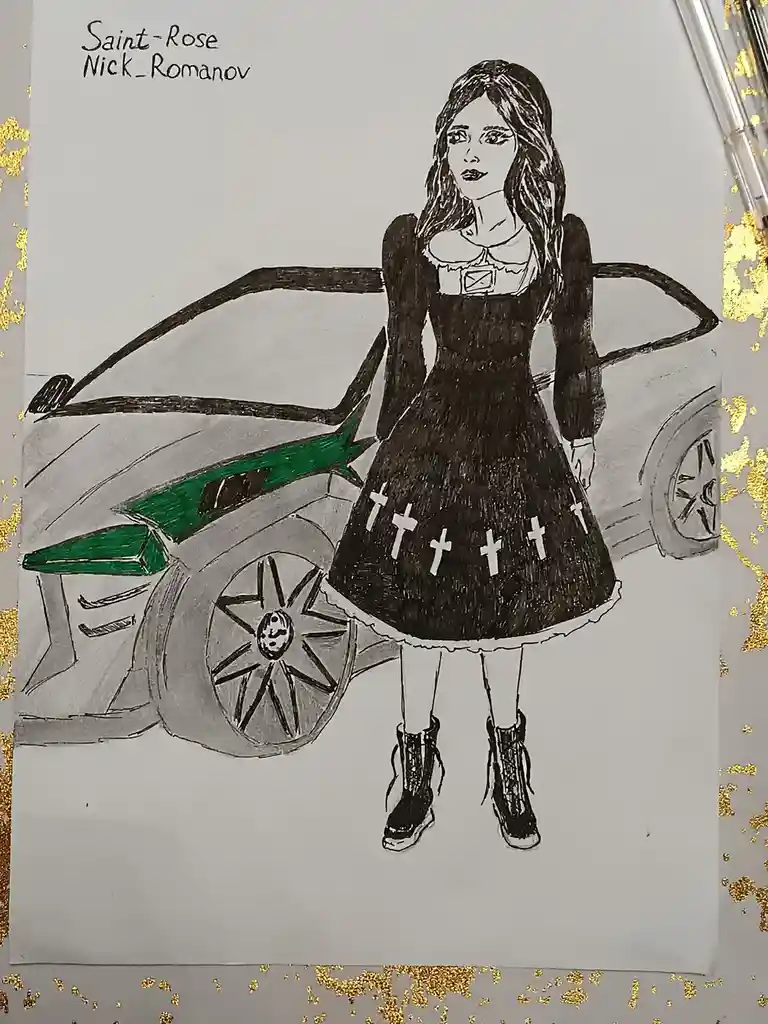 A hand-drawn illustration shows a young woman in a black dress with white crosses on the skirt, standing beside a grey…