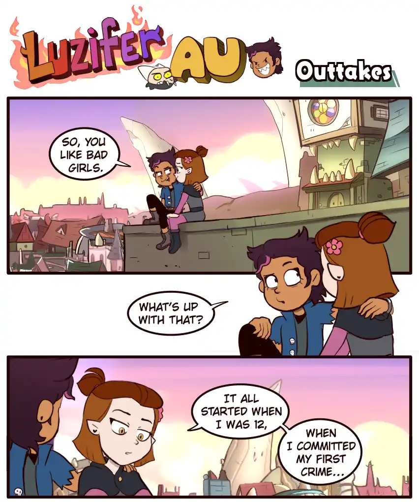A three-panel comic strip from 'Luzifer AU Outtakes' shows two animated characters, Luz and a girl with brown hair and a…