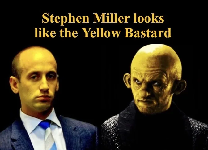 The image displays two side-by-side portraits against a black background. On the left is a man in a suit with a blue tie…