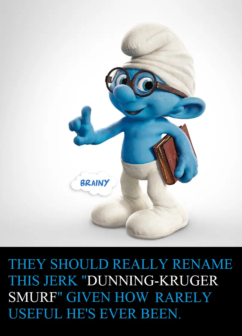 A blue Smurf with glasses, a white hat, and holding a book, labeled 'BRAINY' in a thought bubble, is overlaid with text…