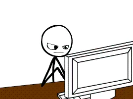 A stick figure progressively leans further into a computer monitor, escalating from a scowl to a full-body collapse, then to…