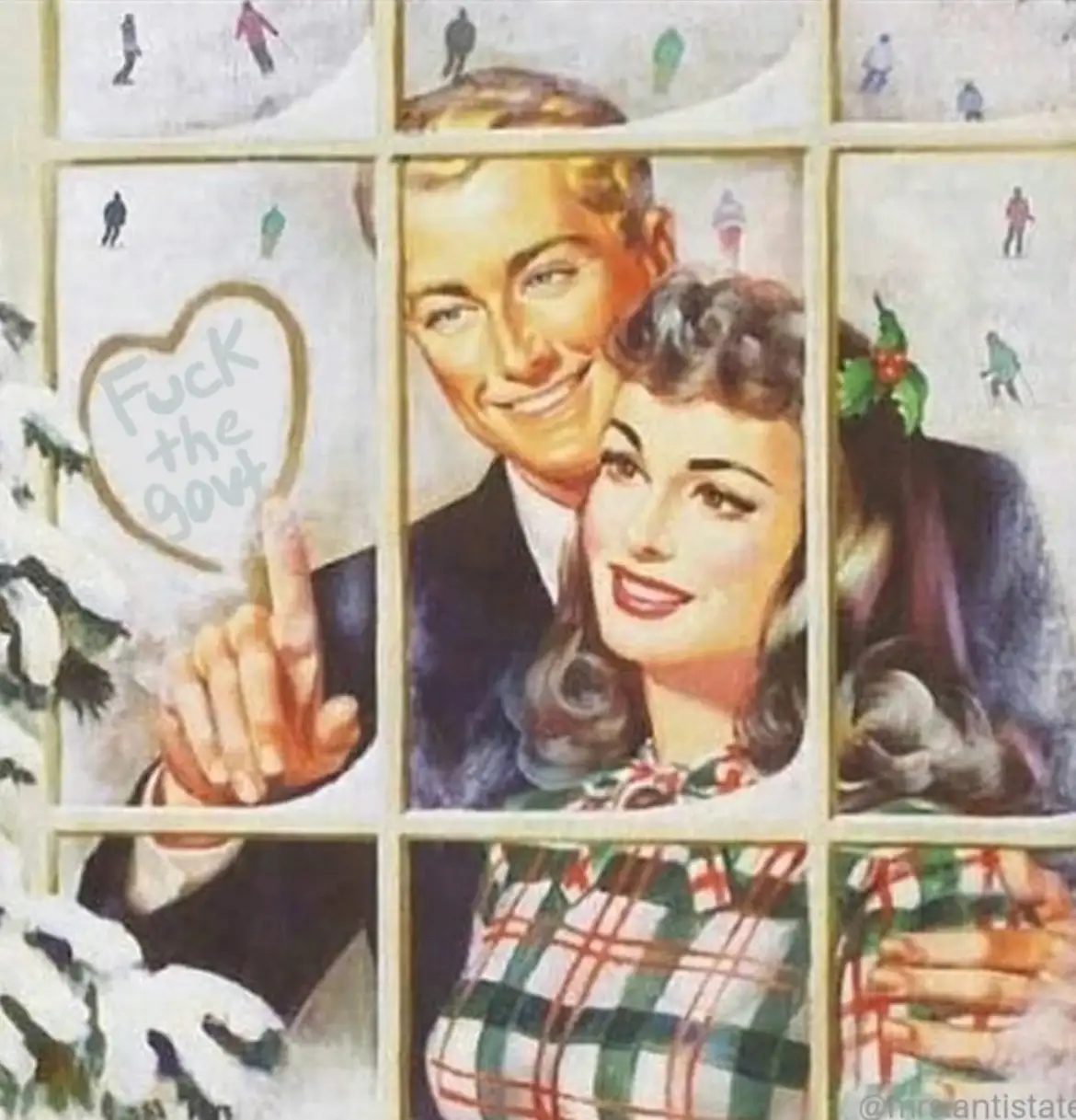 A vintage-style romantic illustration of a smiling couple looking out a snowy window, with the man holding up a heart-shaped…