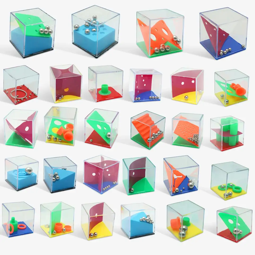 An image displays 20 transparent cubes arranged in a grid, each containing a unique internal maze made of colorful plastic…