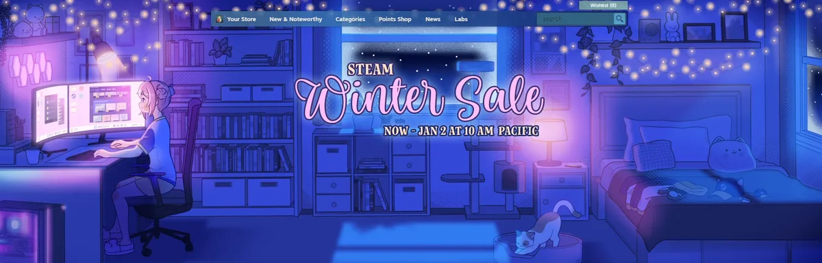 An anime-style girl sits at a desk in a cozy, blue-lit bedroom with string lights, playing a game on a large monitor. A cat…