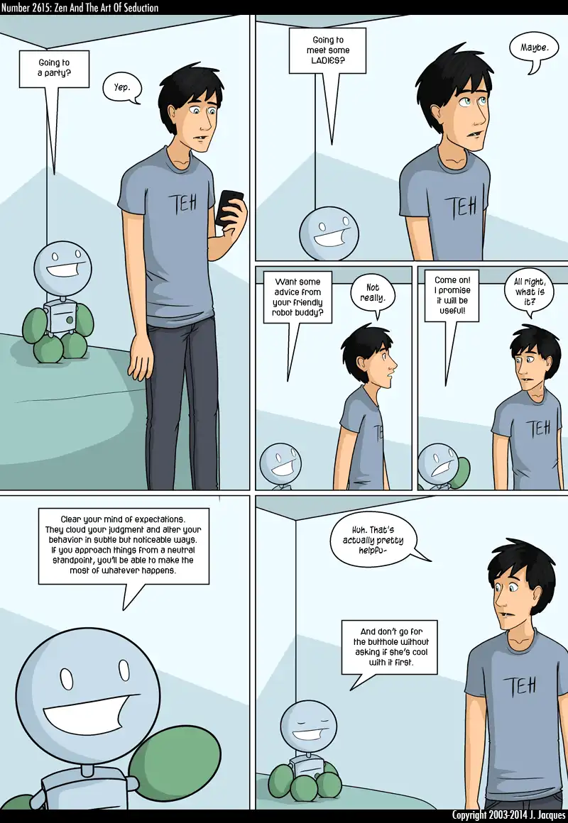 A comic strip shows a man in a gray t-shirt with 'TEH' on it talking to a small, round, smiling robot. The robot asks if…