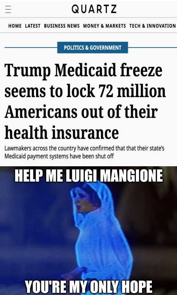 The image is a screenshot of a Quartz news article headline about a Trump Medicaid freeze affecting 72 million Americans…