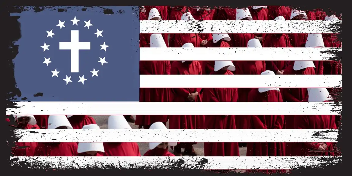 The image displays a modified American flag where the canton features a white cross surrounded by stars, and the stripes are…
