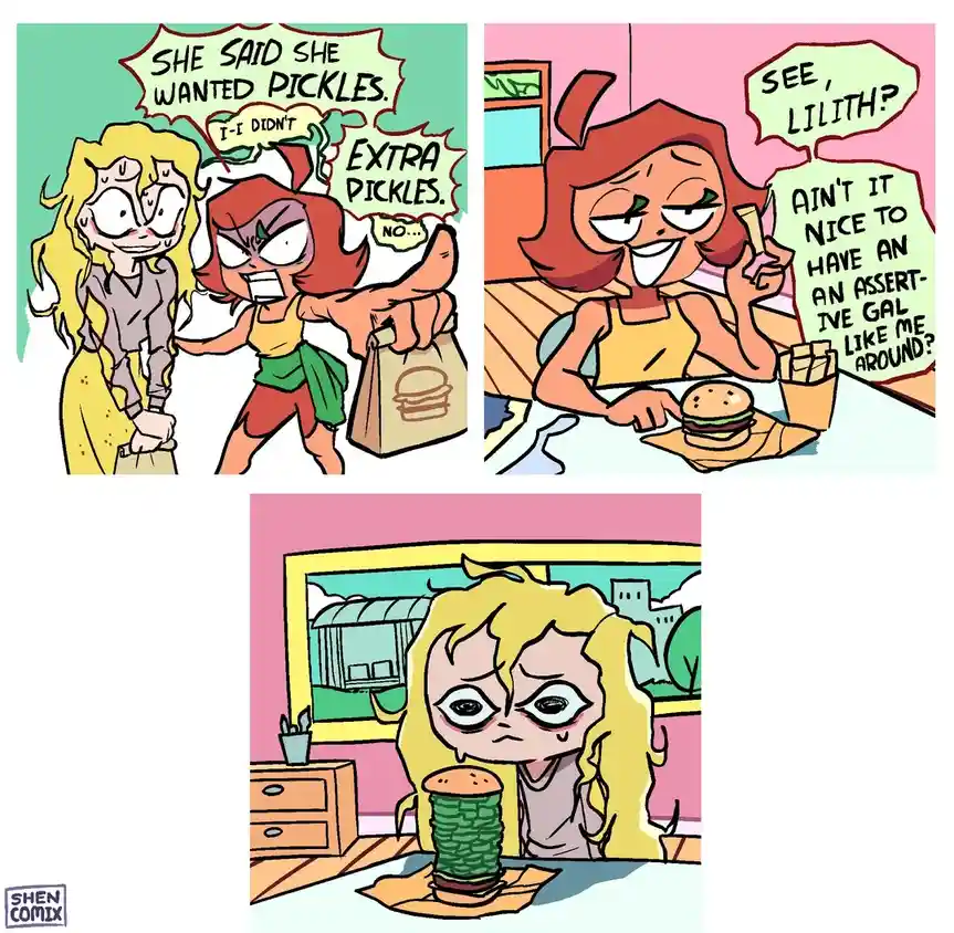 A three-panel comic strip featuring two cartoon girls. In the first panel, a red-haired girl aggressively demands extra…
