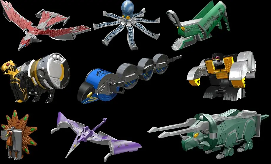 A collection of nine colorful, stylized robot vehicles from the Power Rangers franchise, each with unique animal or…
